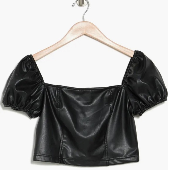 NWT, Avec Les Filles, Puff Sleeve Faux Leather Crop Top, Black, Size Small - Picture 4 of 5